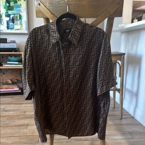 Fendi Brown Geometric Casual Silk Button Down Shirt Size 43